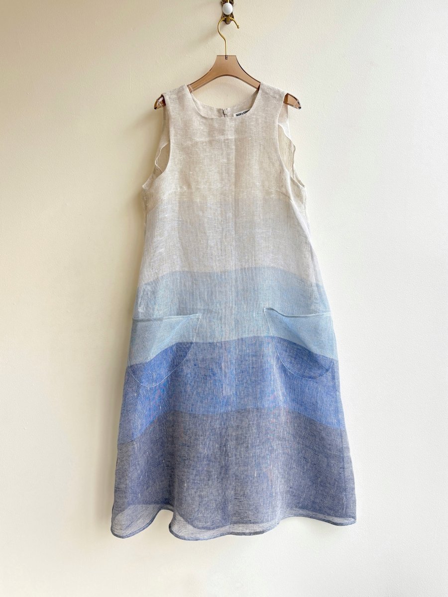 Blue Ombre Stripe Linen Chore Dress w/ Patch Pockets - Made X Hudson