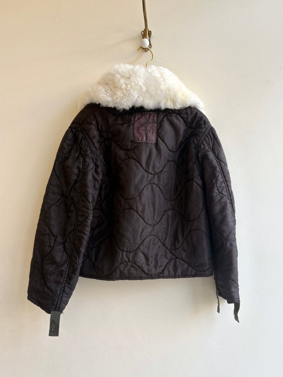 Dark Coco Army Liner Quilted Coat w/ White Alpaca Fur Collar & Cream Twill Tape Ties (Reworked) - Made X Hudson