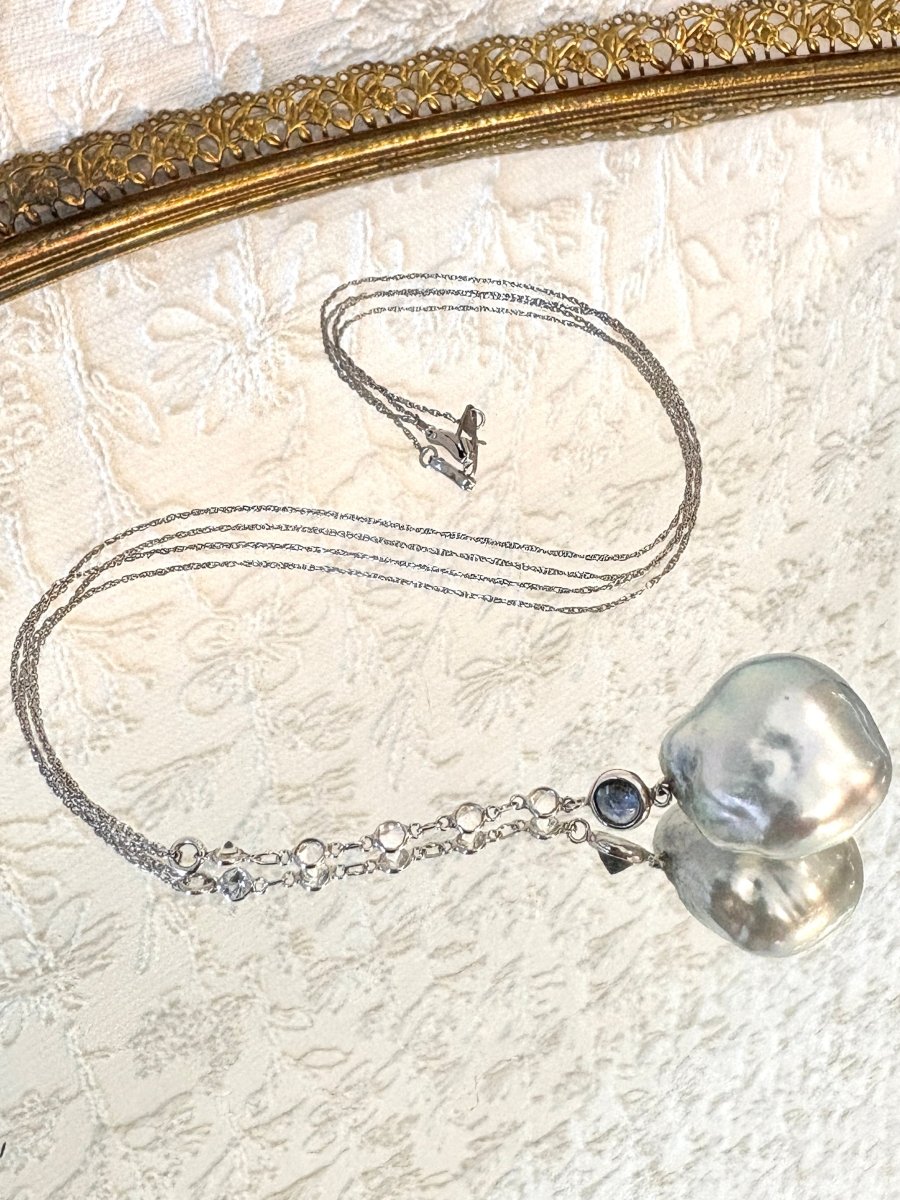 14K White Gold, Diamonds, Sapphire, Pearl Pendant Necklace - Made X Hudson