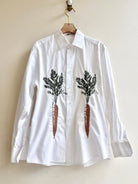 “Dot” White with Green and Orange Embroidered & Stamped Carrot Print Shirt (Reworked) - Made X Hudson