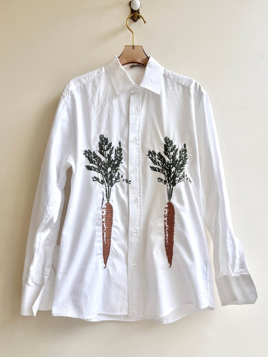 “Dot” White with Green and Orange Embroidered & Stamped Carrot Print Shirt (Reworked) - Made X Hudson