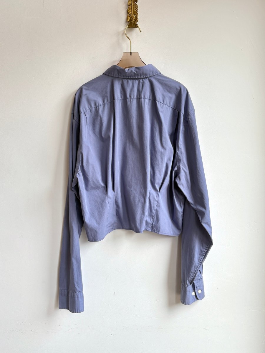 The Kevin Top | Slate Blue Cotton Button Down Top w/ Gathered Waist (Reworked) - Made X Hudson