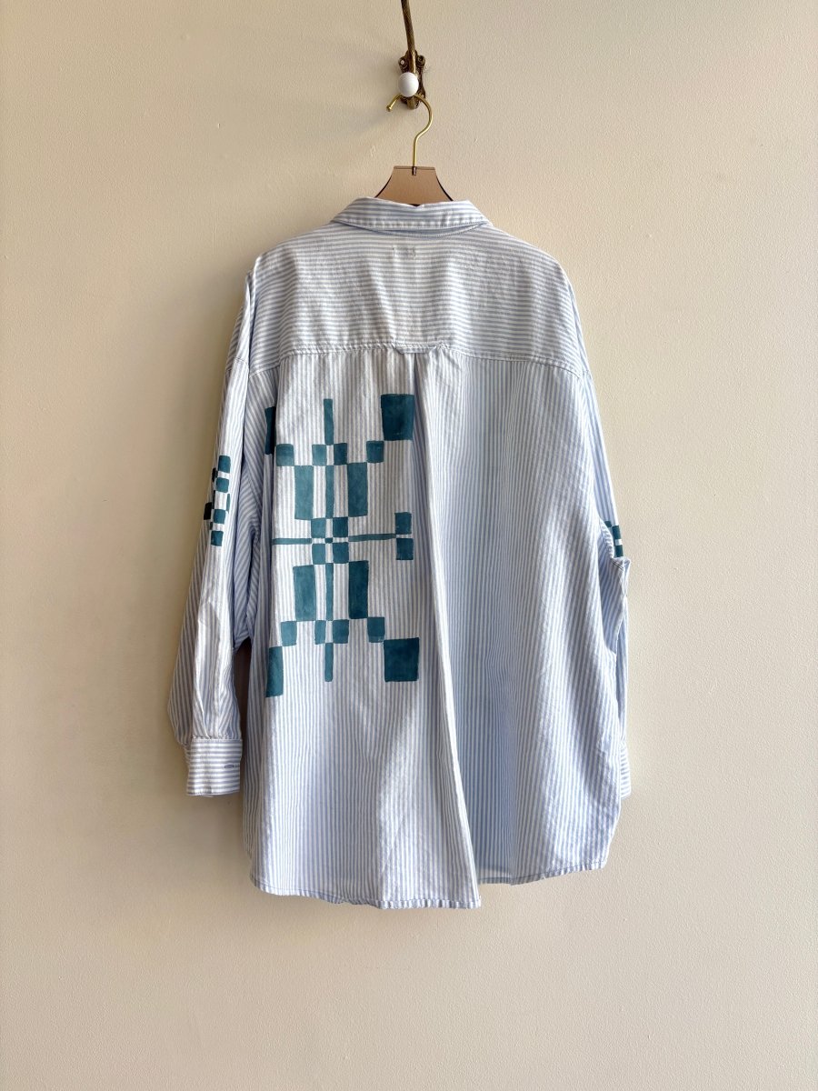 Blue and White Stripe Quilt Motif Button Up | Hand Painted (Reworked) - Made X Hudson