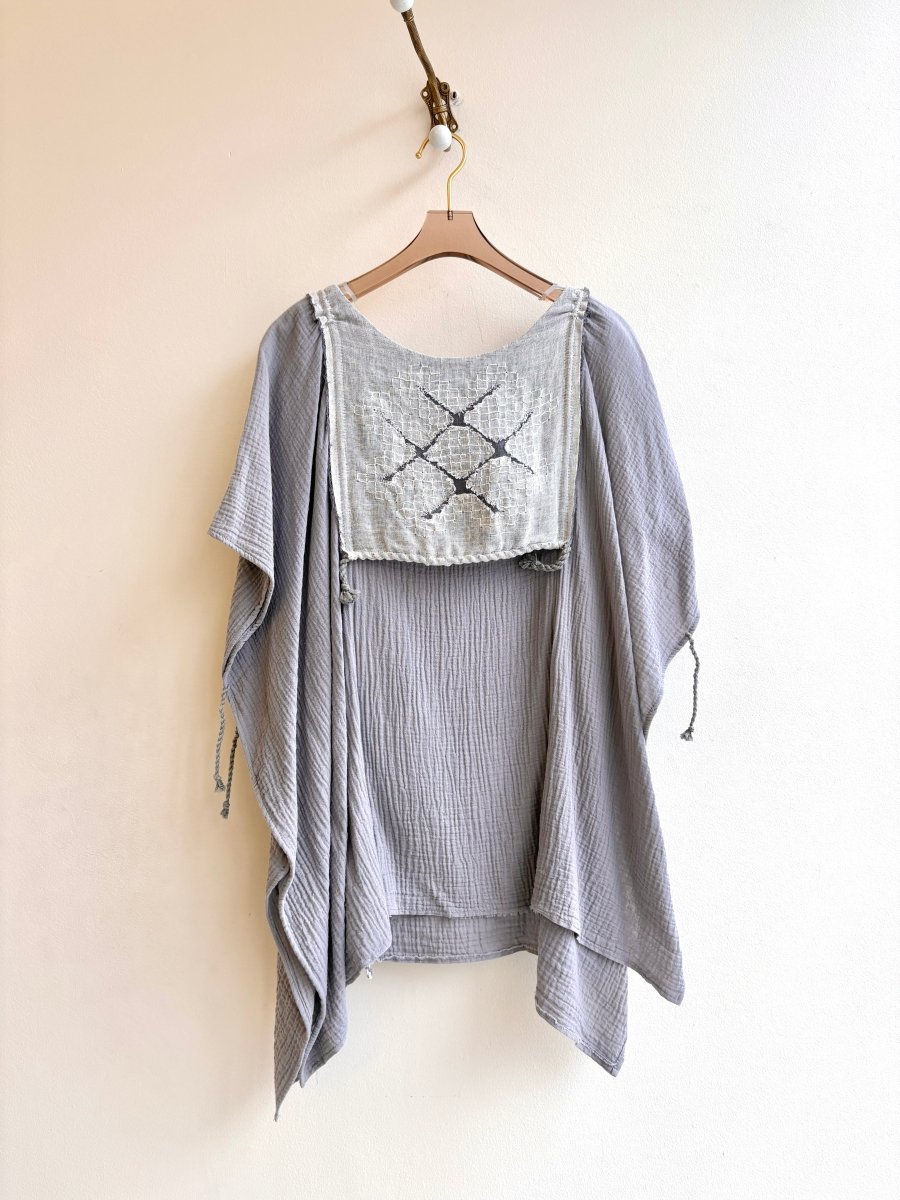 2D Vestment Hand Embroidered Smock Cape w/ Ties | Grey Linen and Wine Silk - Made X Hudson