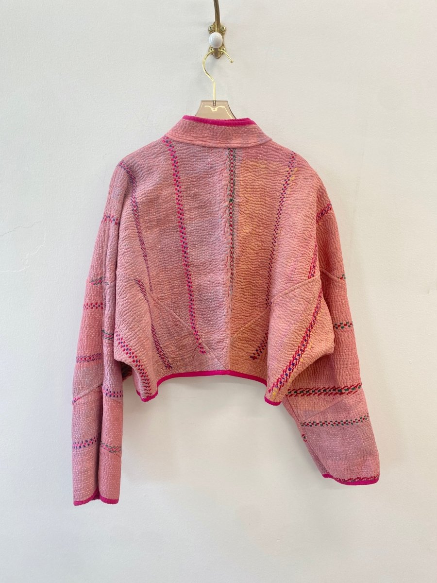 Reversible Kaira Quilted Cropped Jacket in Colors Hot Pink w/ Green, Red, Purple Embroidered Stripes & Beige w/ Purple, Red, Green, Hot Pink Embroidered Stripes - Made X Hudson