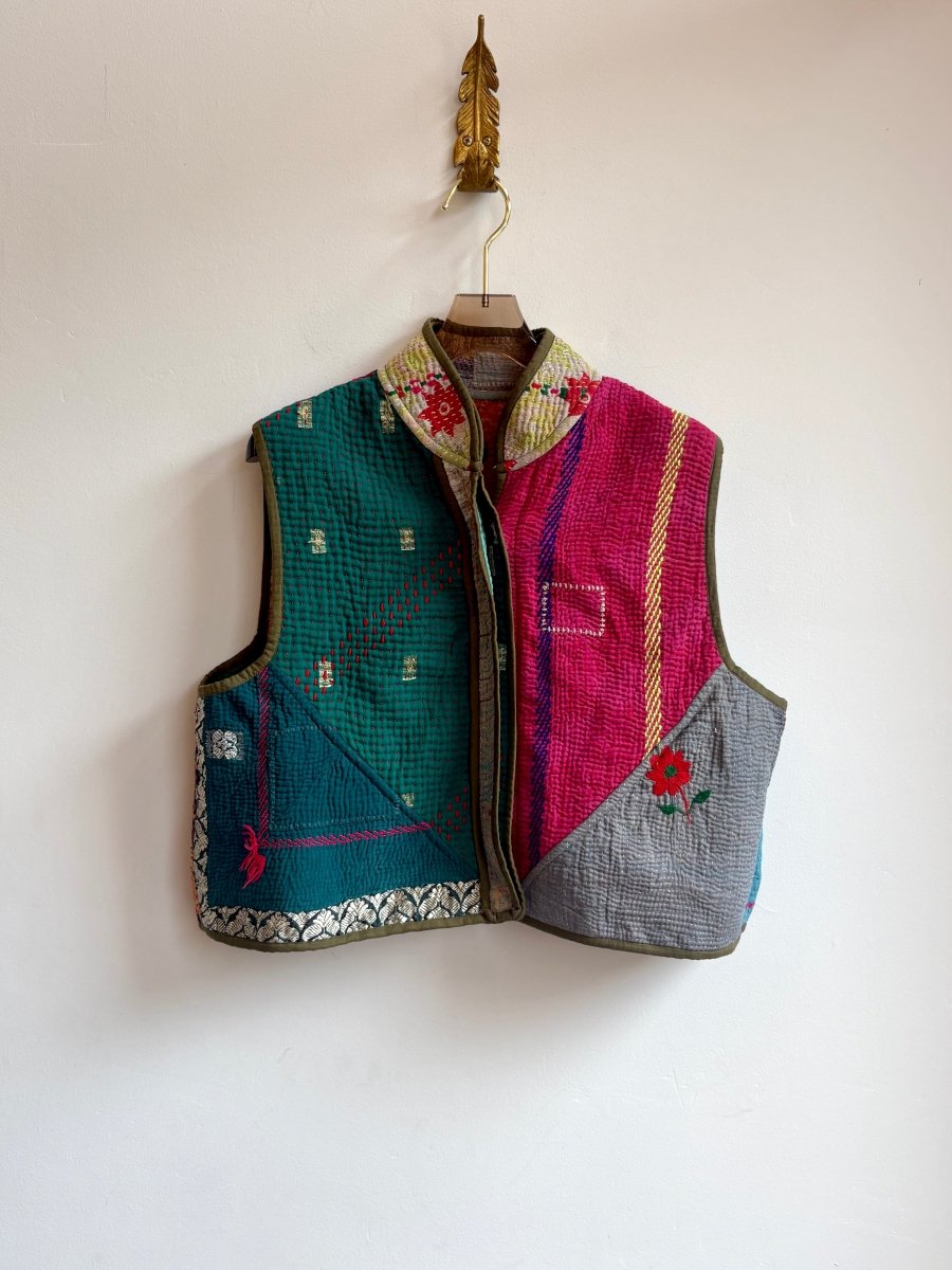 Reversible Kaira Quilted Cropped Vest in Colors Teal, Pink, Blue & Multi Patchwork - Made X Hudson