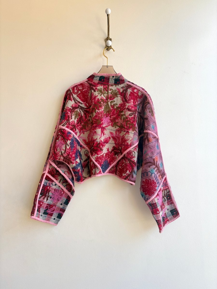 Reversible Suzani Quilted Cropped Jacket in Colors Purple, Pink, Grey, Blue & Ecru, Brown, Blue, Pink - Made X Hudson
