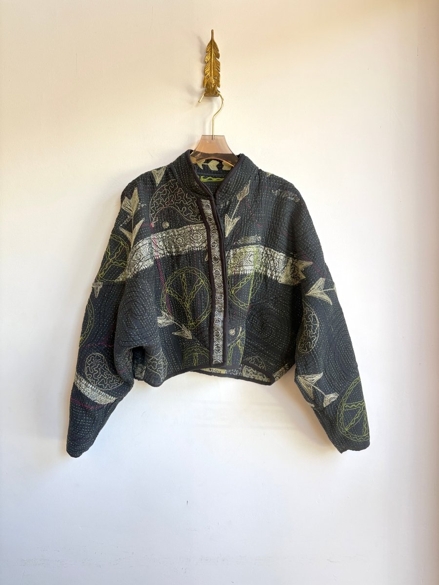 Reversible Suzani Quilted Cropped Jacket in Colors Black, Green, Sage, Grey & Black, Green, Sage, Grey - Made X Hudson