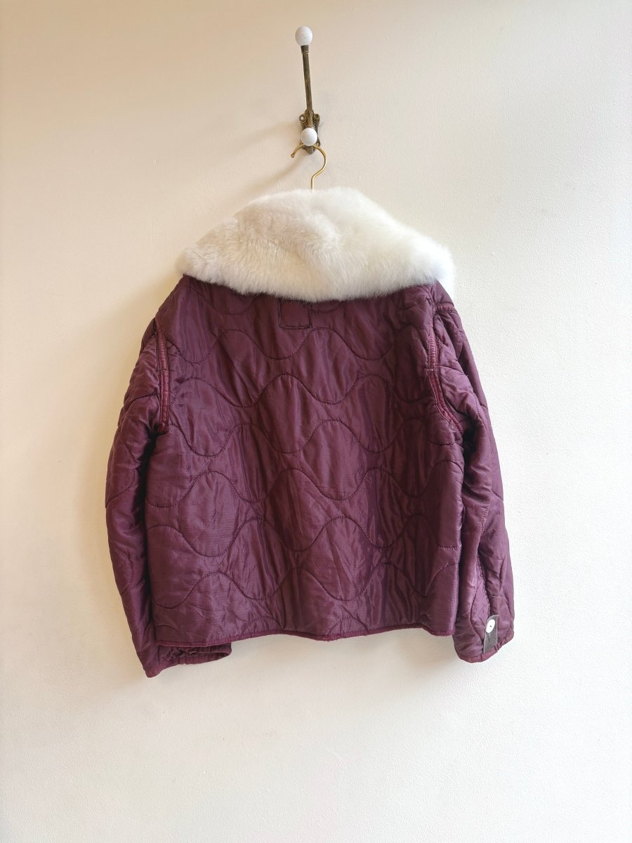 Burgundy Army Liner Quilted Coat w/ White Alpaca Fur Collar & White Buttons (Reworked) - Made X Hudson