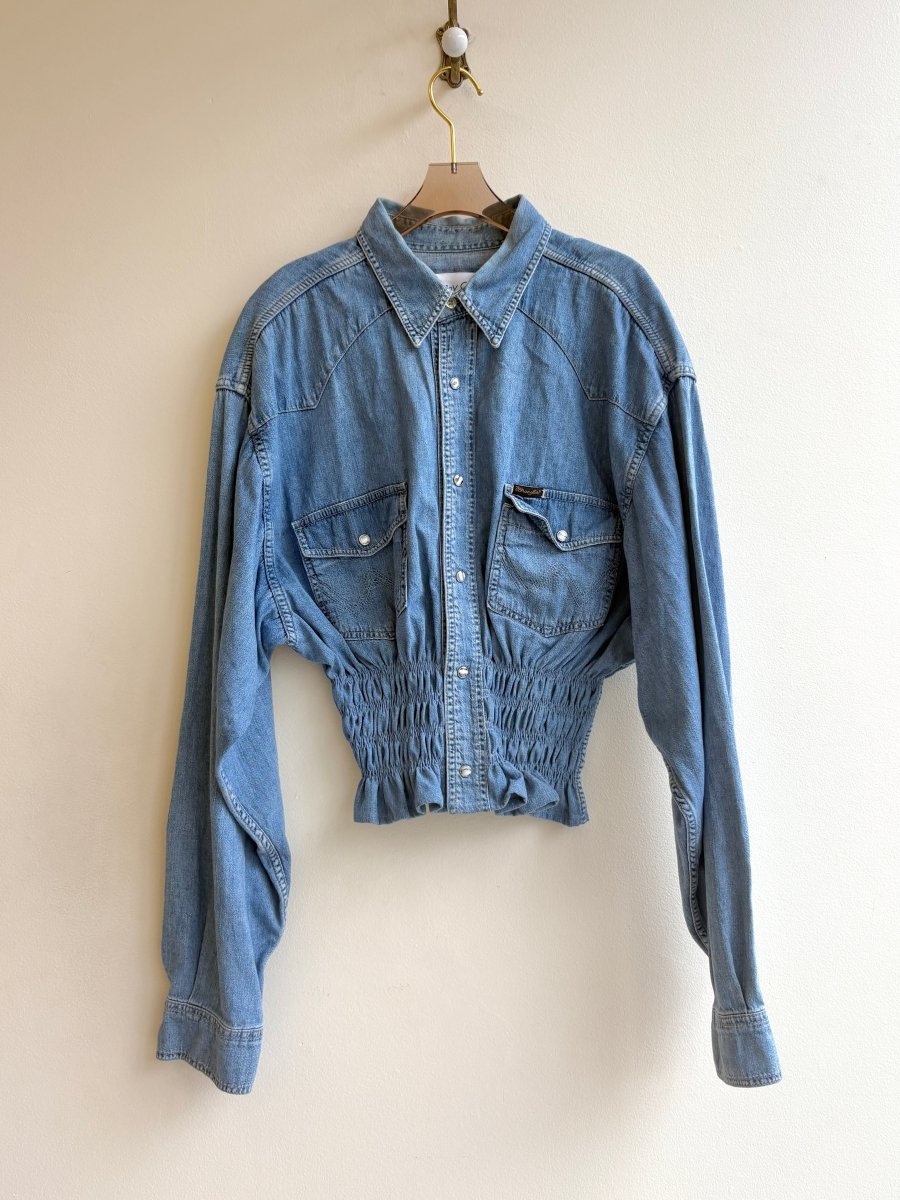 The George Top | Classic Blue Denim Button Down Top w/ Smocked Waist (Reworked) - Made X Hudson