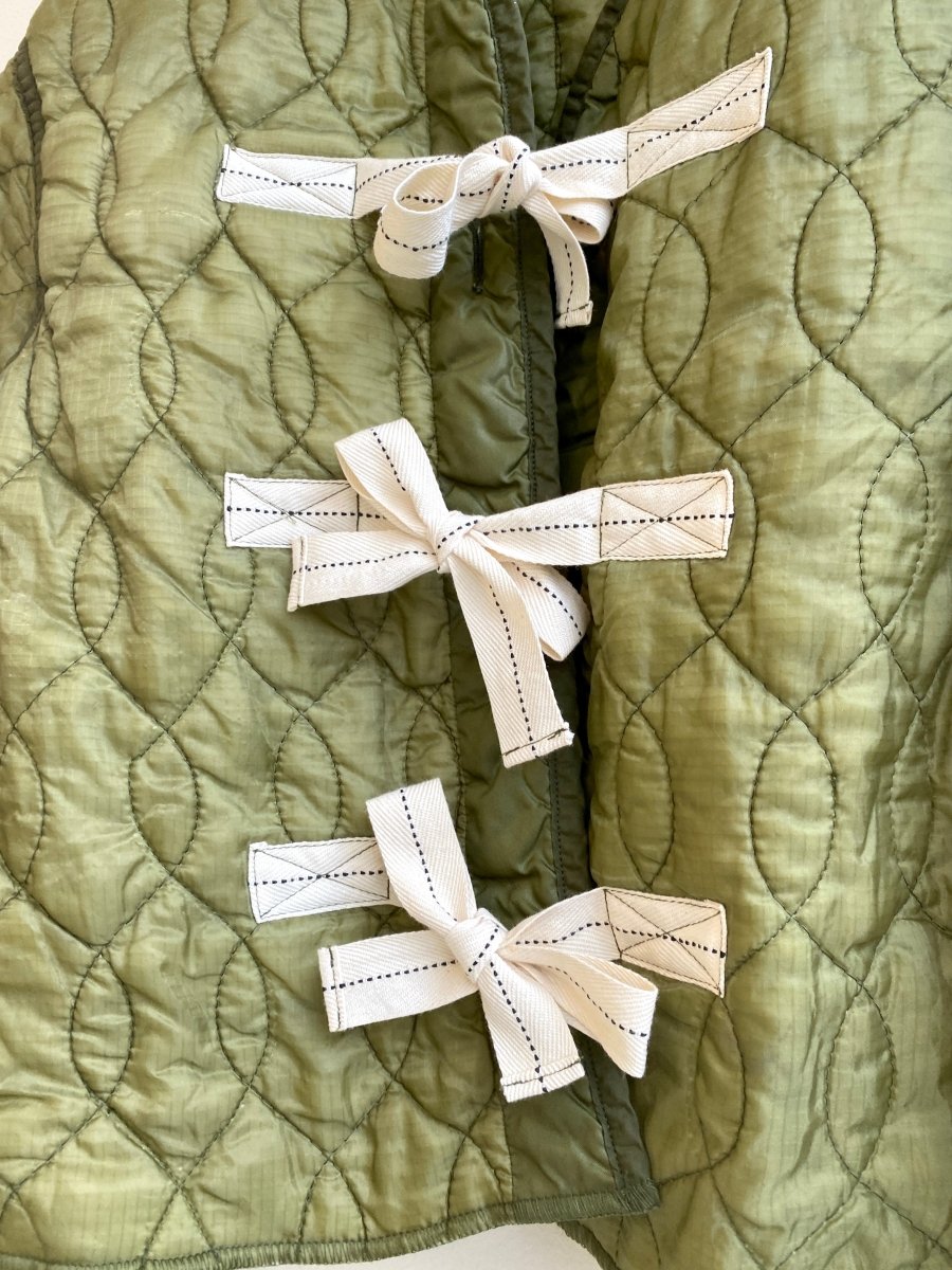 Olive Green Army Liner Quilted Coat w/ Twill Tape Ties (Reworked) - Made X Hudson