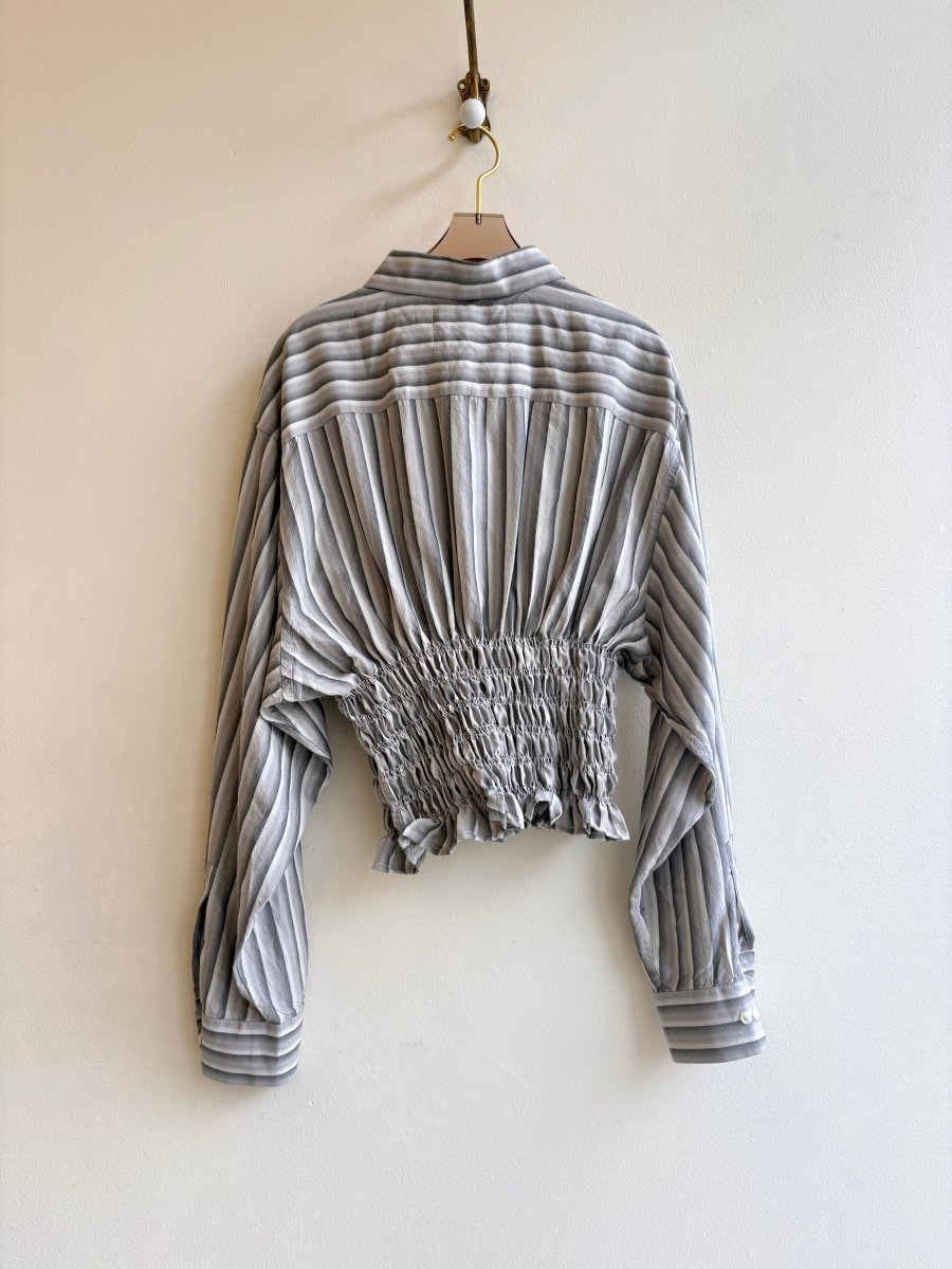 The George Top | Grey Striped Button Down w/ Smocked Waist (Reworked) - Made X Hudson