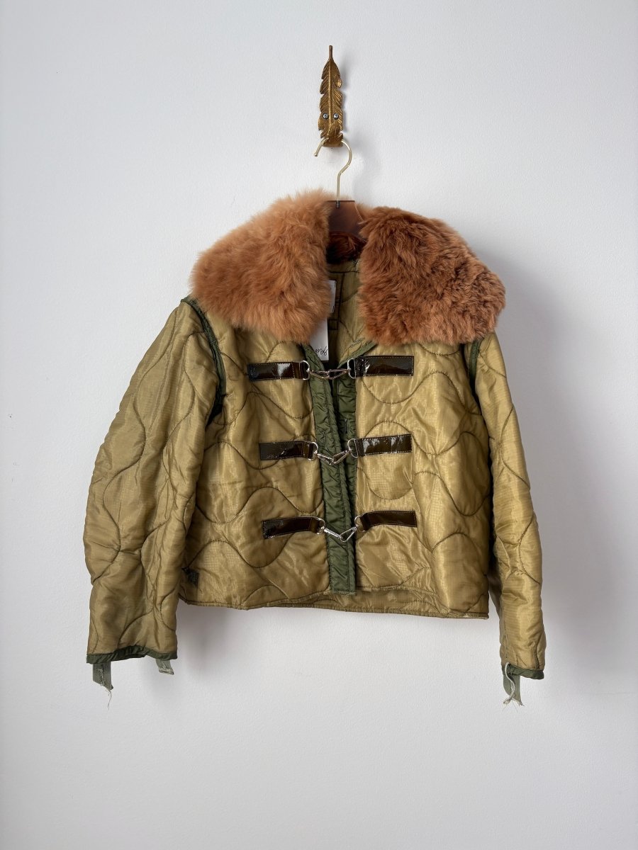 Light Olive Army Liner Quilted Coat w/ Carmel Alpaca Fur Collar & Silver Clasps (Reworked) - Made X Hudson