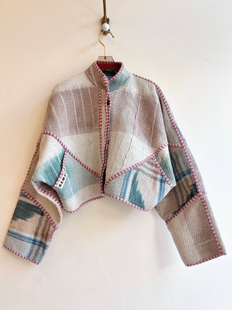 Reversible Kaira Quilted Cropped Jacket in Colors Grey, Ice Blue, Tan, Blush & Multi Colored Patchwork - Made X Hudson