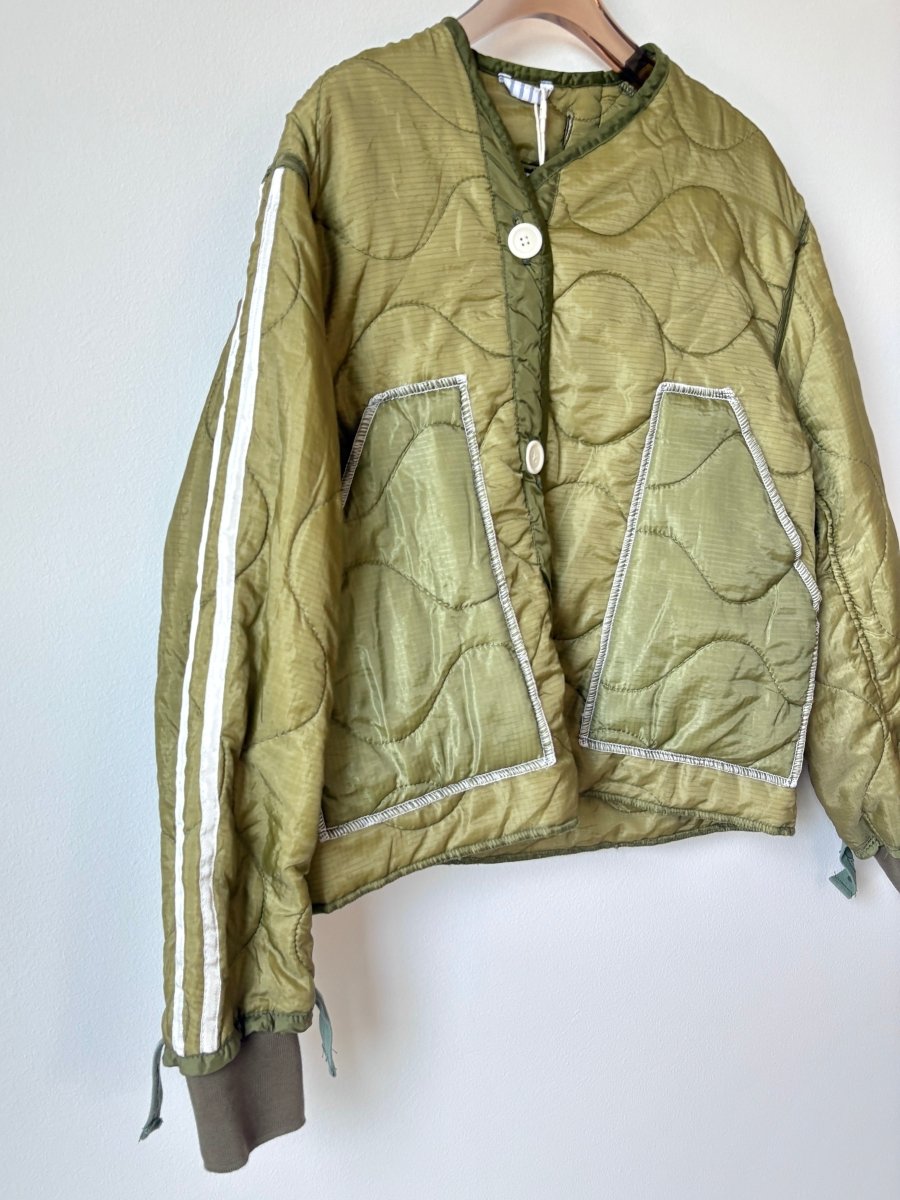 Olive Green Army Liner Quilted Track Jacket w/ Cream Buttons