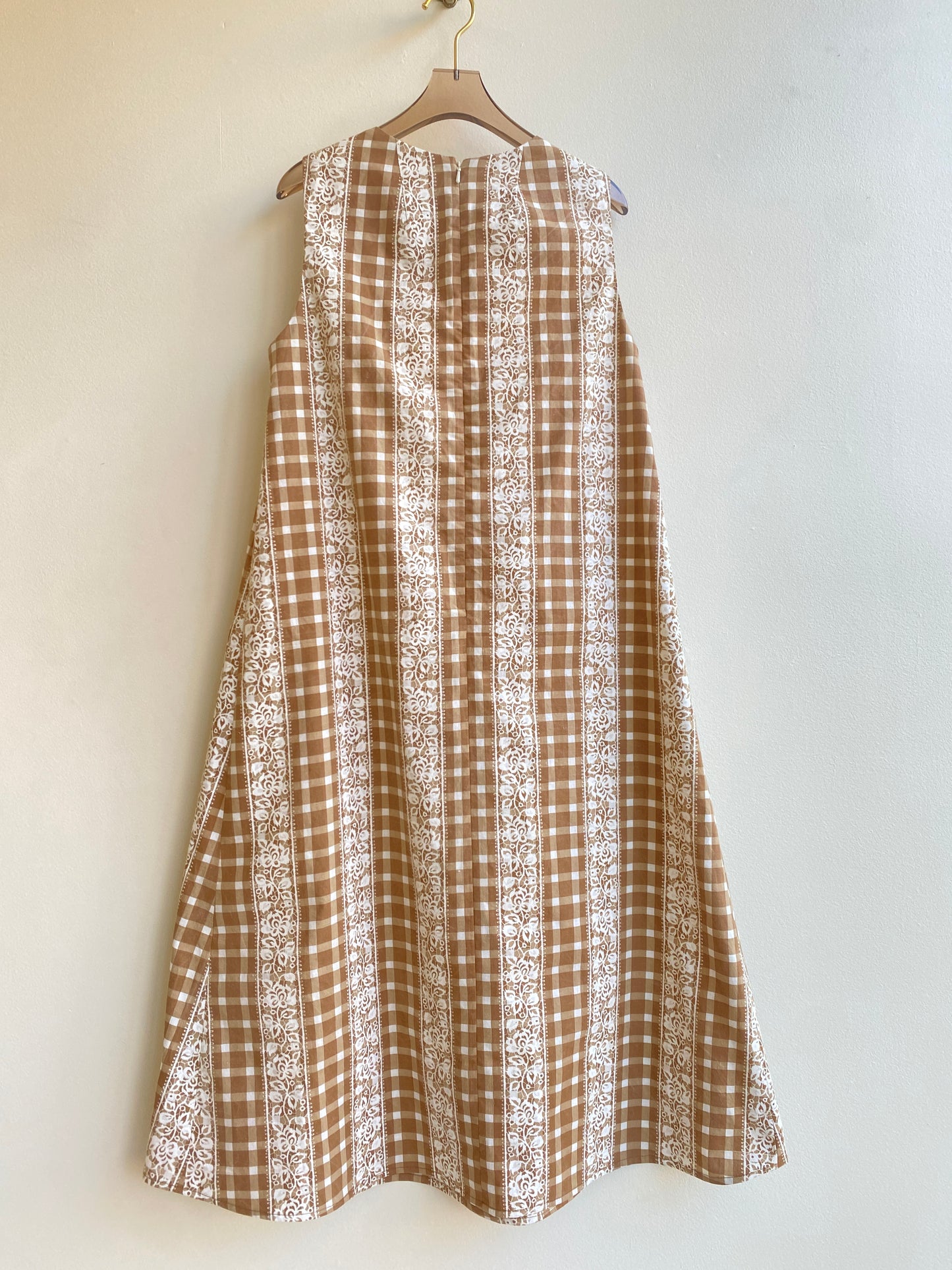 Brown & White Checkered & Lace Printed Chore Dress