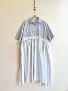 Empire Shirtwaist Dress in White, Custard, & Baby Blue Stripe with Powder Blue & Ocher Stripe Short Sleeve (Reworked) - Made X Hudson