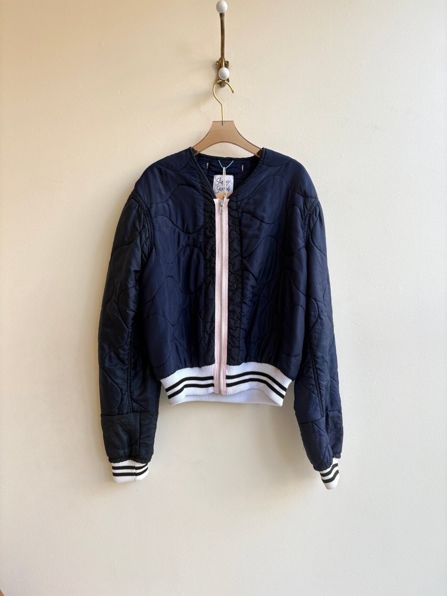 Deep Navy Army Liner Quilted Varsity Jacket w/ Baby Pink Zipper (Reworked) - Made X Hudson