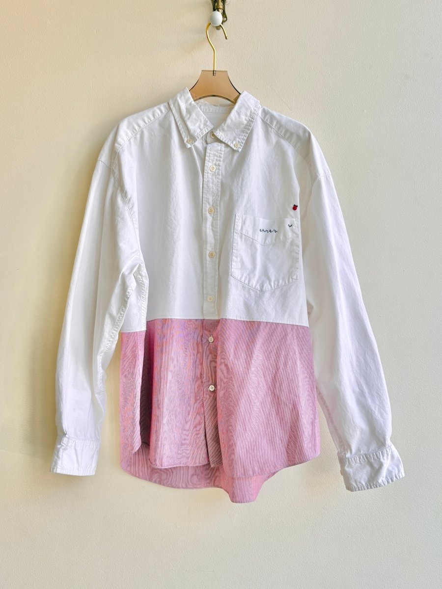 Two - Tone White & Micro Stripe Red Button Down with Embroidered Rose on Chest (Reworked) - Made X Hudson