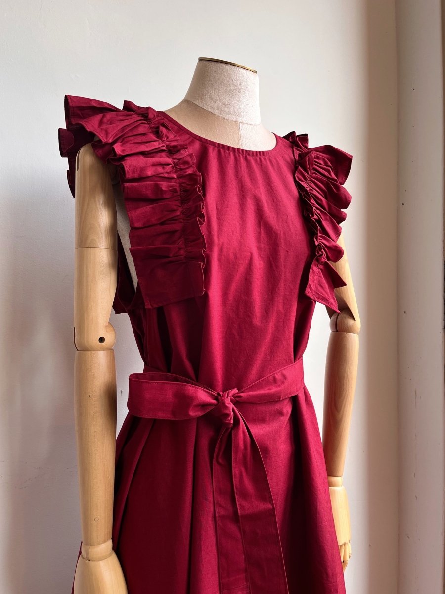 Cherry Bordeaux Sleeveless Cotton Aria Ruffle Dress w/ Belt - Made X Hudson