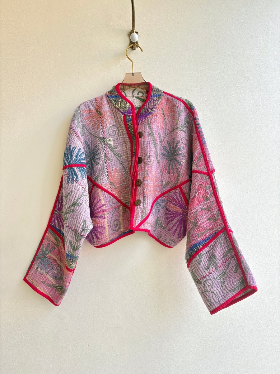 Reversible Kaira Suzani Quilted Cropped Jacket in Colors Cream, Dusty Blue, Salmon, Sage & Gold, Purple, Lavender , Pink - Made X Hudson