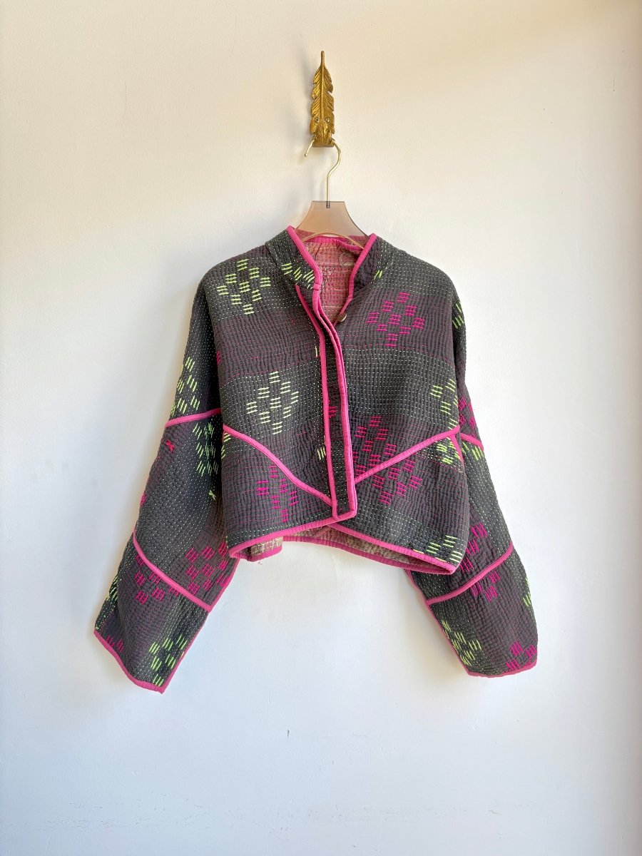 Reversible Kaira Quilted Cropped Jacket in Colors Pale Pink, Neon Yellow, Fuchsia Pink & Slate, Neon Yellow, Neon Pink - Made X Hudson