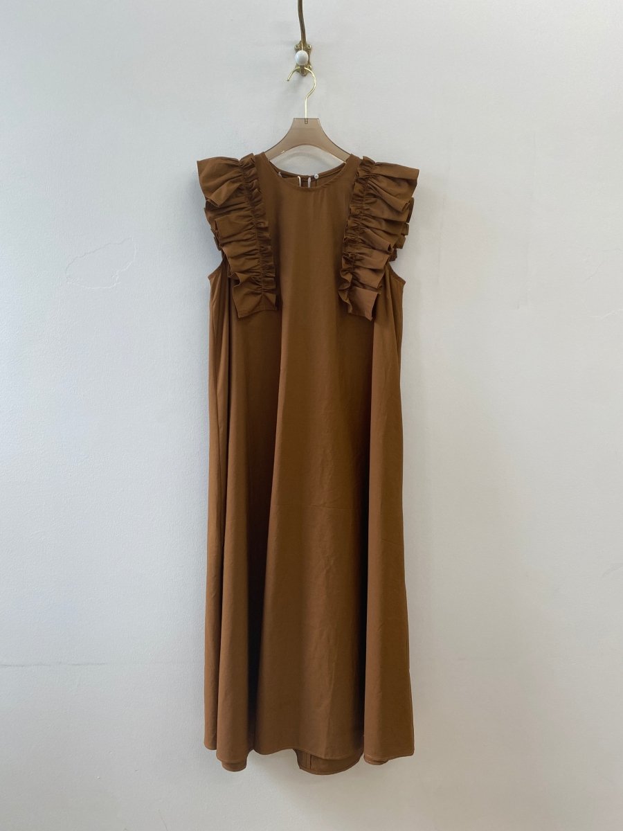 Brown Cappuccino Sleeveless Cotton Aria Ruffle Dress w/ Belt - Made X Hudson