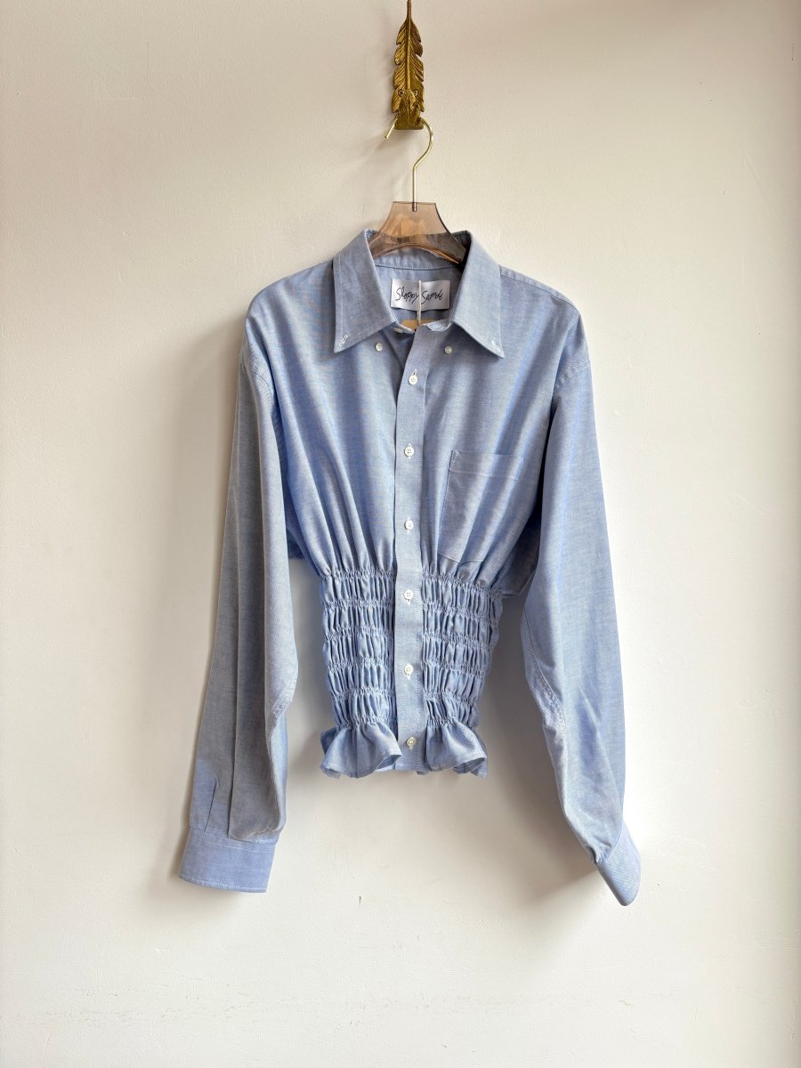 The George Top | Light Blue Button Down Top w/ Smocked Waist (Reworked) - Made X Hudson