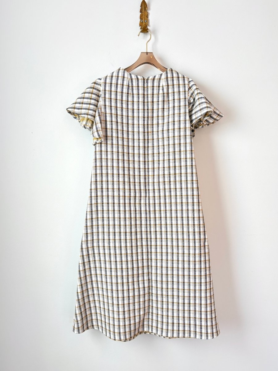 White, Gold, and Black Plaid Chore Dress with Flutter Sleeve - Made X Hudson