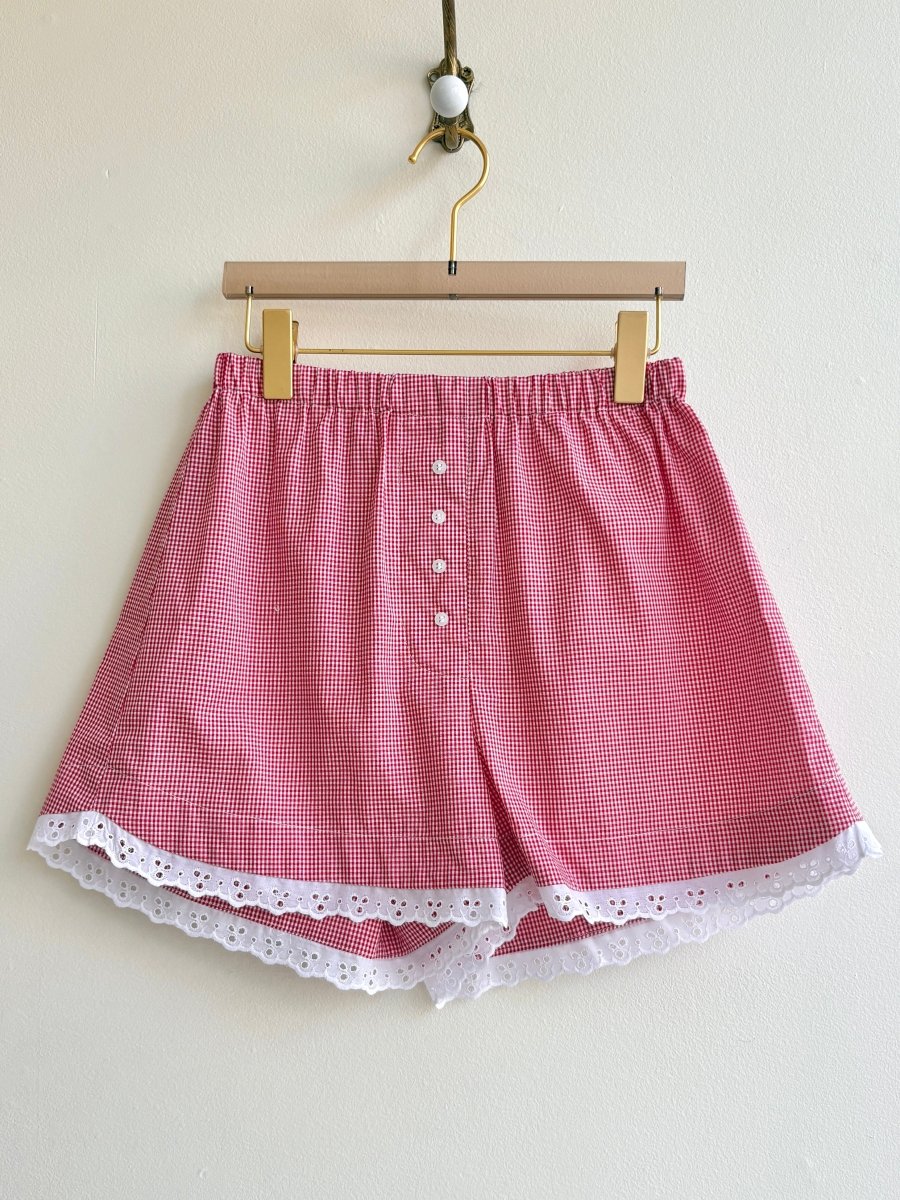Red & White Mini - Plaid w/ Eyelet Trim Boxer Shorts (Reworked) - Made X Hudson
