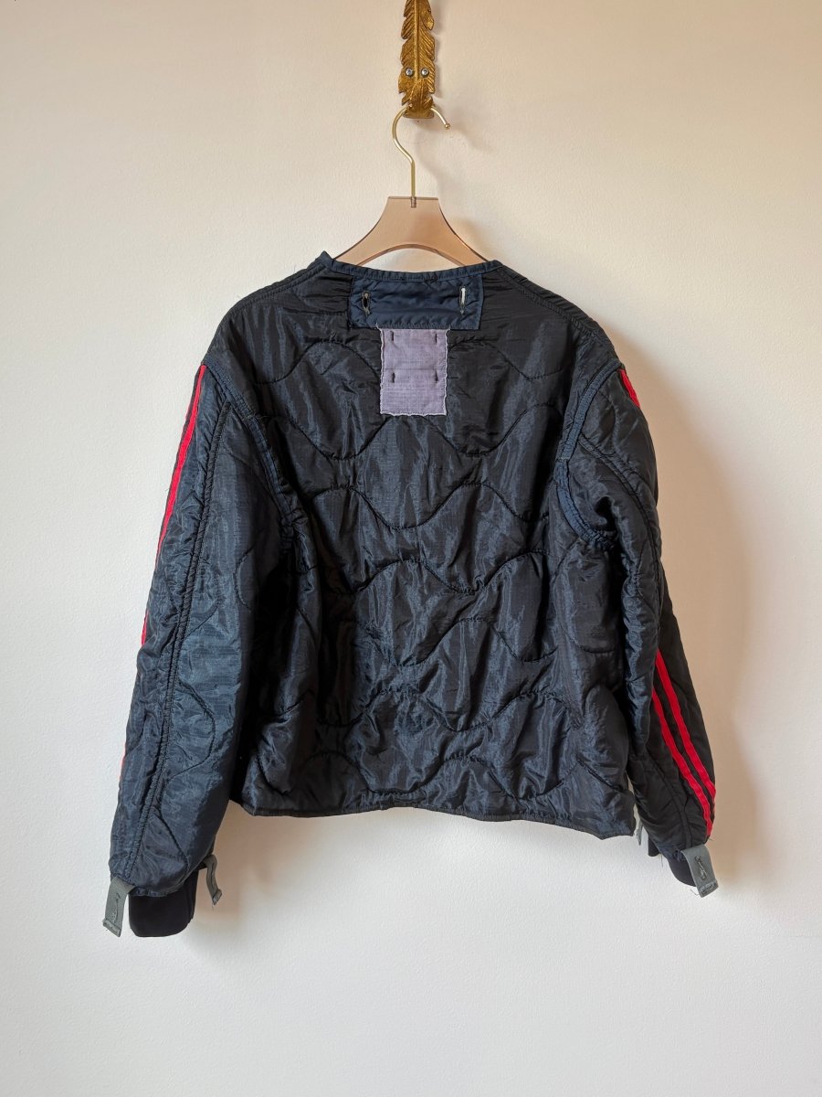 Deep Navy Army Liner Quilted Track Jacket w/ Navy Buttons & Red Striped Sleeves (Reworked) - Made X Hudson