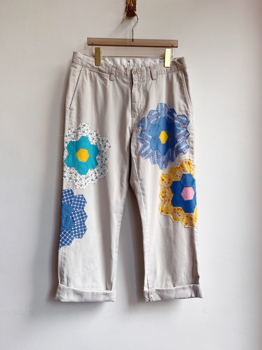 Grandmother’s Garden Quilt Block Applique Chinos w/ Blue (Reworked) - Made X Hudson