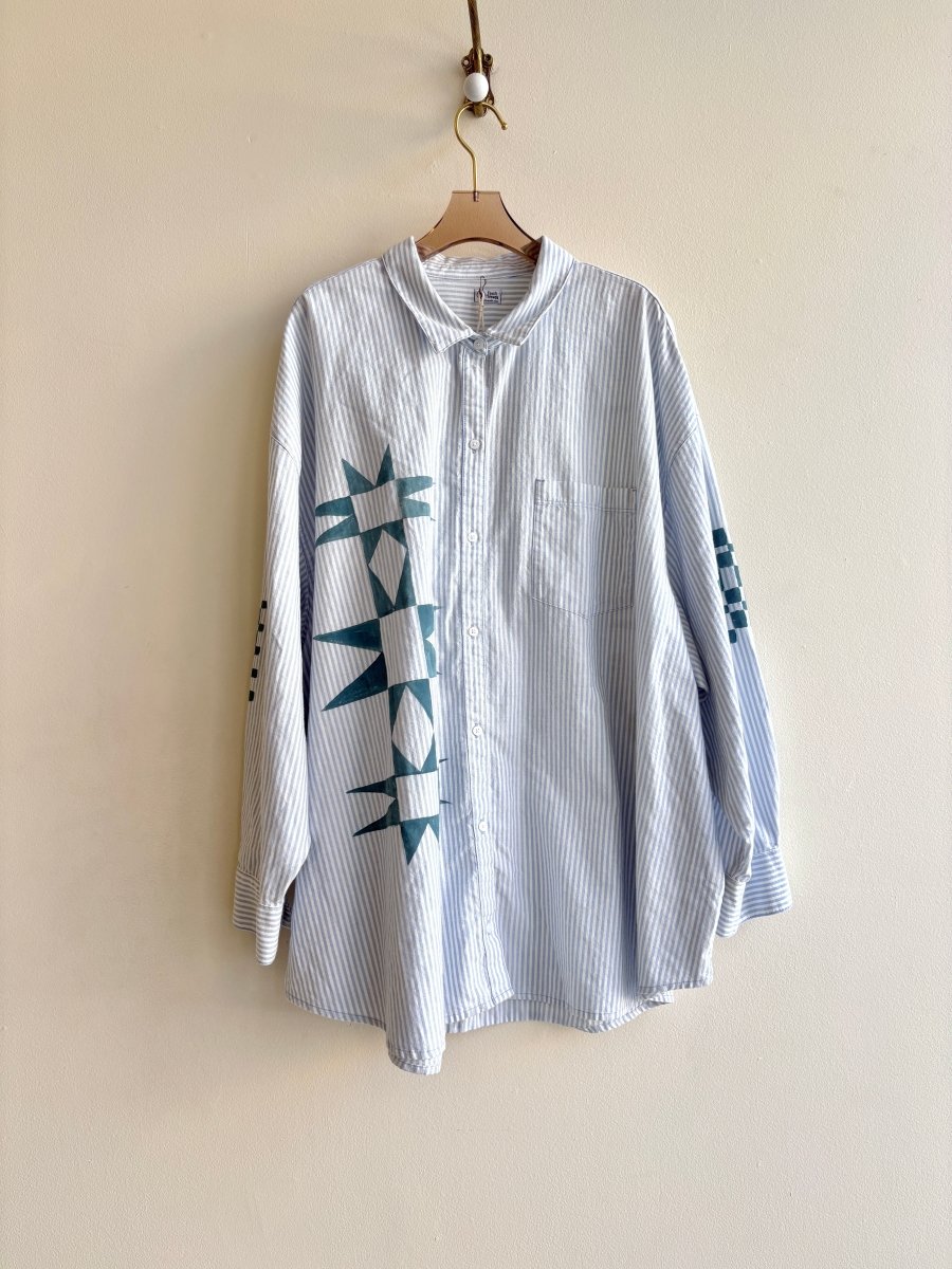 Blue and White Stripe Quilt Motif Button Up | Hand Painted (Reworked) - Made X Hudson