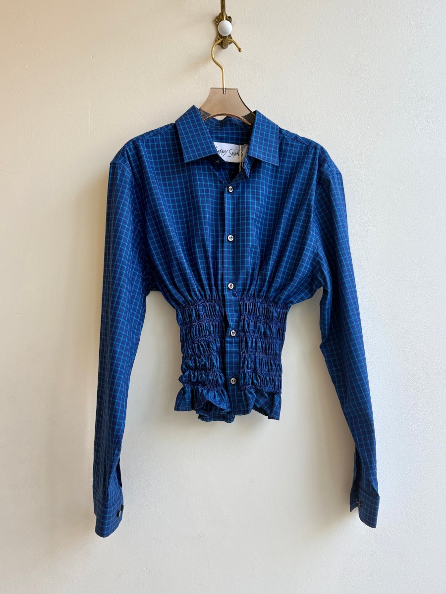 The George Top | Navy & Electric Blue Plaid Button Down Top w/ Smocked Waist (Reworked) - Made X Hudson