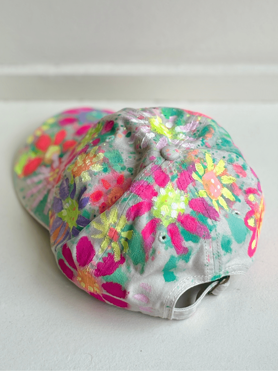 Natural Canvas Hand Painted Neon Pink & Purple Flowers Baseball Cap - Made X Hudson