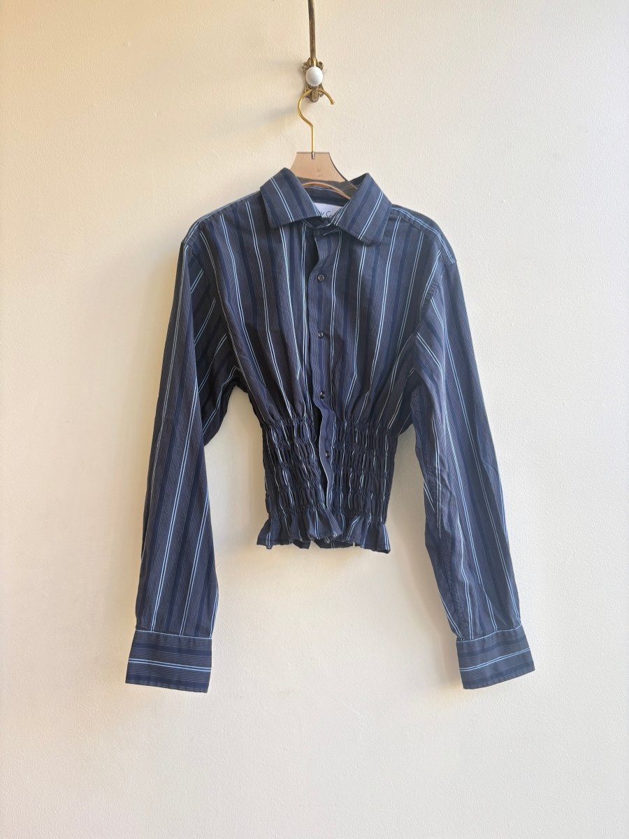 The George Top | Navy w/ Pale Blue & Beige Stripes Button Down Top w/ Smocked Waist (Reworked) - Made X Hudson