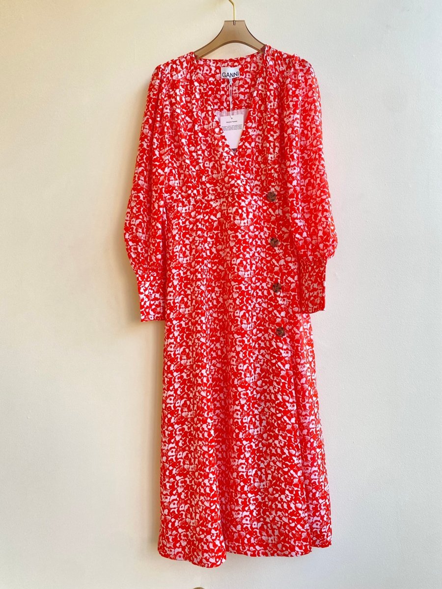 Ganni | Neon Orange Mod Flower Print Button Up Dress (Vintage