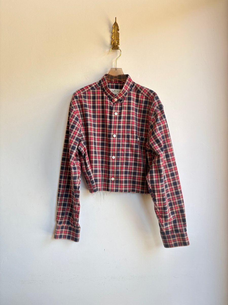 Red, Navy, Green, & Cream Plaid Annette Crop Top w/ Navy Embroidered “Apres” (Reworked) - Made X Hudson