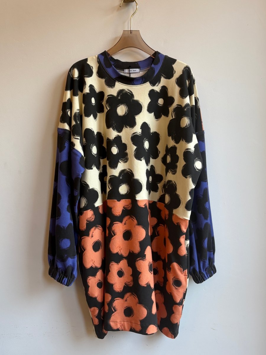 Blue, Orange & Black Flower Boxy Sweater Dress - Made X Hudson