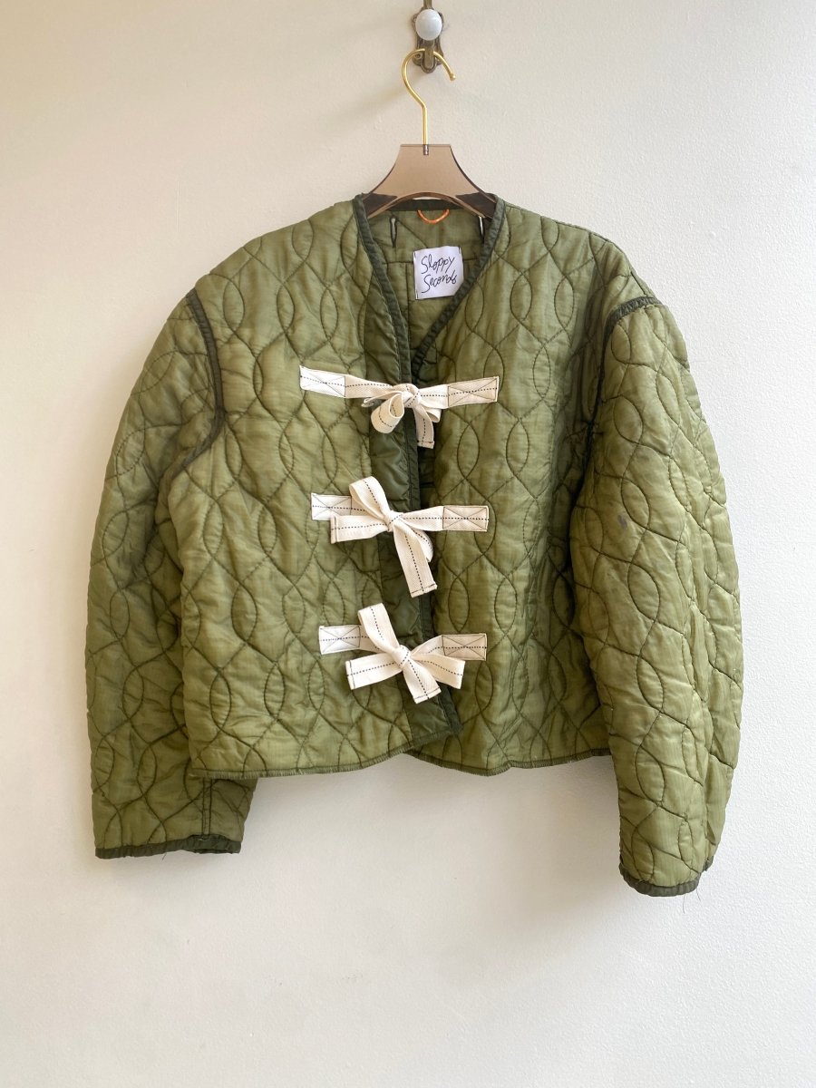 Olive Green Army Liner Quilted Coat w/ Twill Tape Ties (Reworked) - Made X Hudson