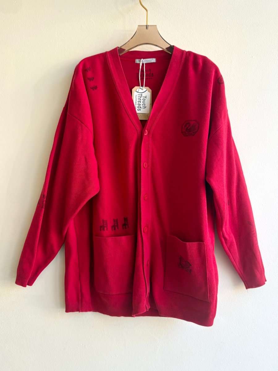 Chili Red Tiny Print Cotton Cardigan | Block Printed (Reworked) - Made X Hudson