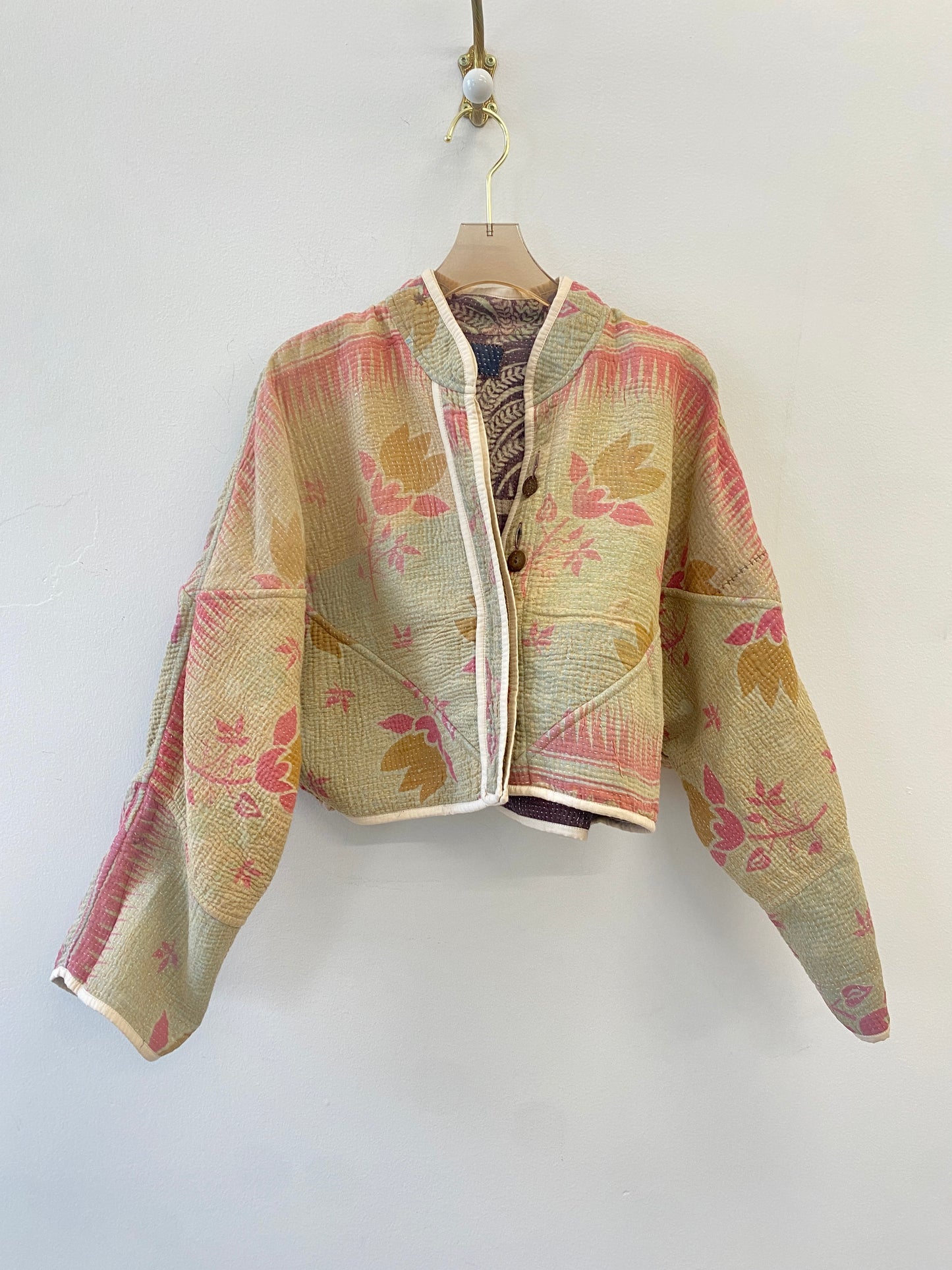 Reversible Kaira Quilted Cropped Jacket in Colors Pale Pink, Pale Yellow, Ochre & Mauve, Cream