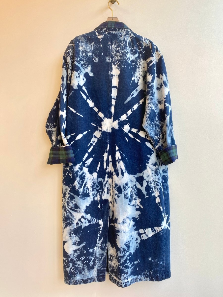 Vintage Hand Dyed Button Up Denim Trench Coat w/ Green Plaid Flannel Facings (Reworked) - Made X Hudson