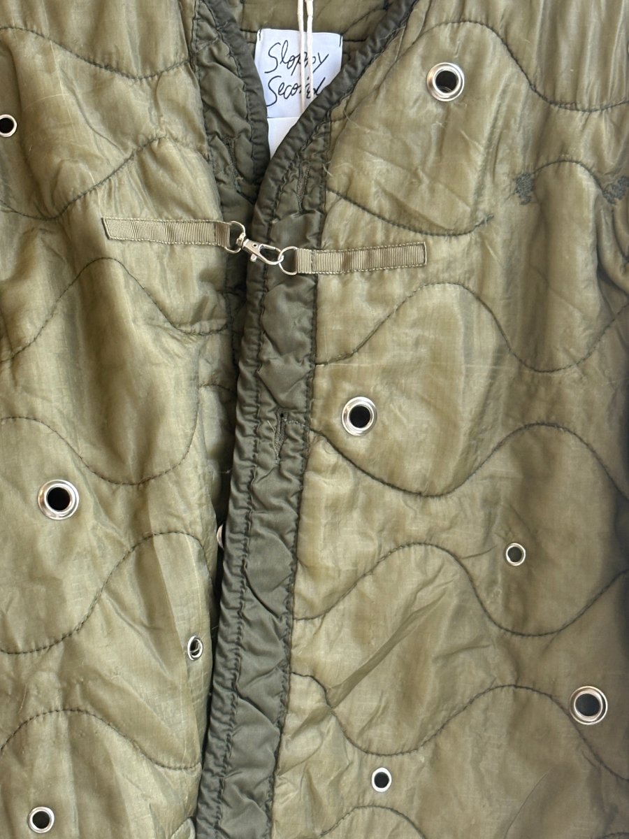 Light Olive Green Army Liner Quilted Coat w/ Silver Grommets & Clasp (Reworked) - Made X Hudson