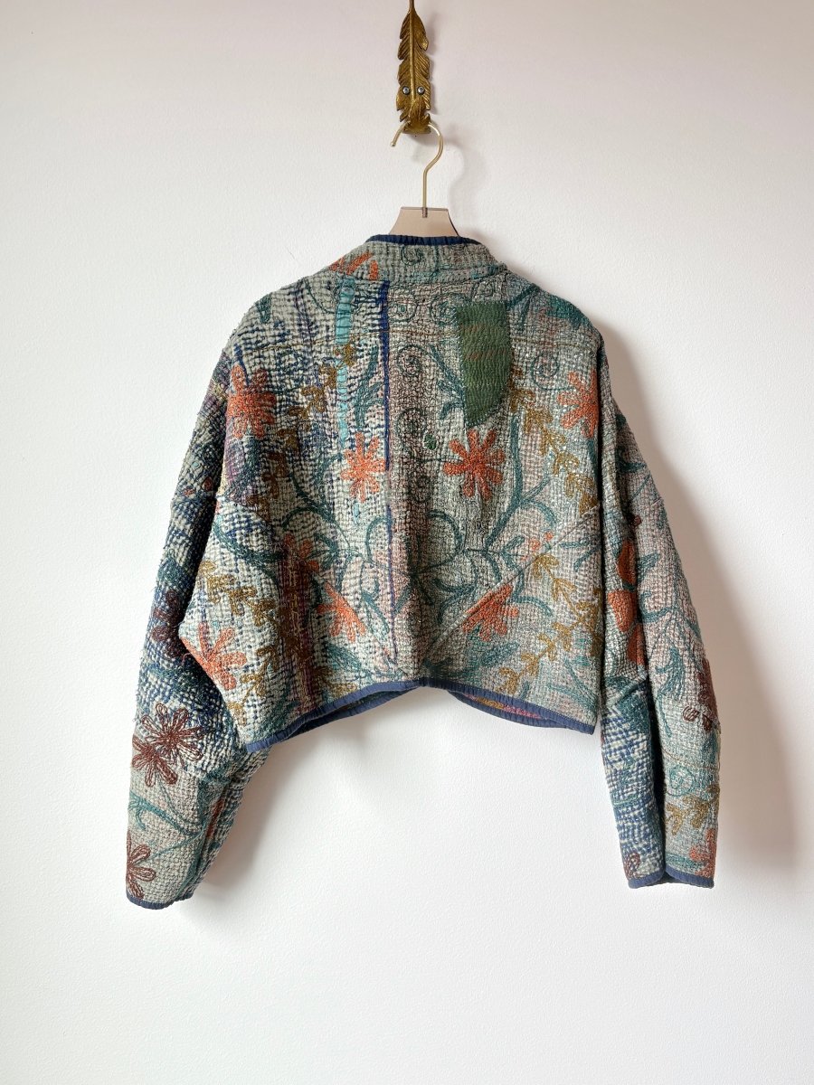 Reversible Suzani Quilted Cropped Jacket in Colors Navy, Orange, Burgundy & Bluestone - Made X Hudson