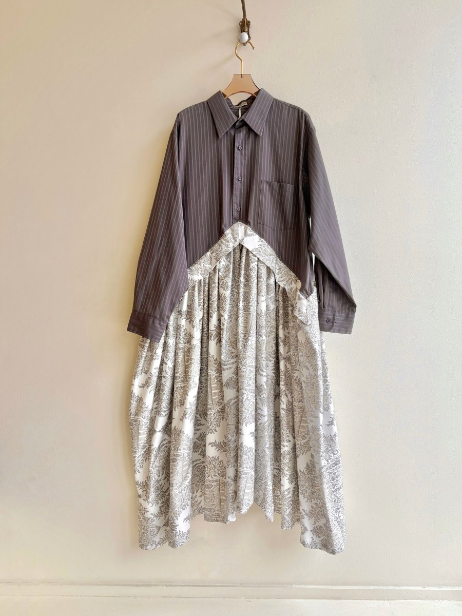 V - Line Shirtwaist Dress in French Lilac Stripe and Grey Paisley (Reworked) - Made X Hudson