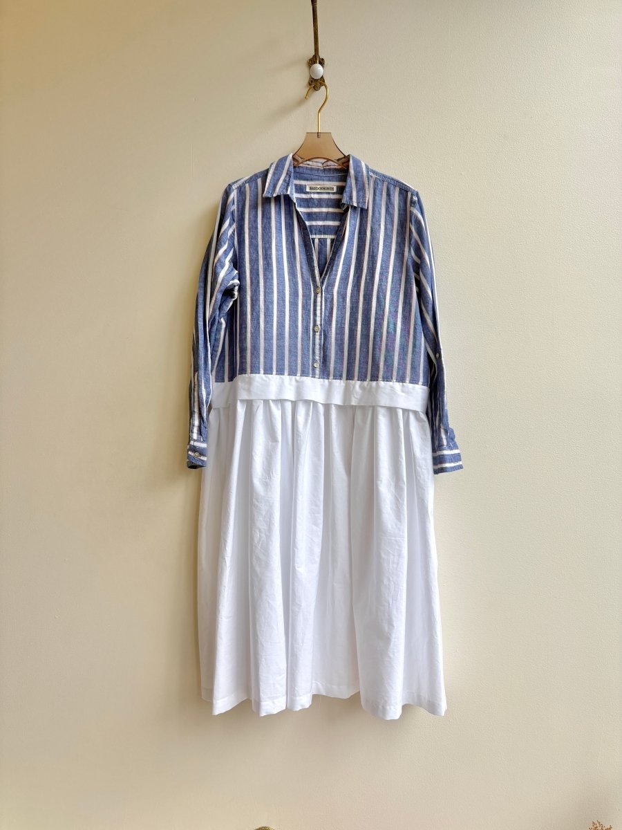 Empire Shirtwaist Dress in Blue Faded Rainbow Stripe & White (Reworked) - Made X Hudson