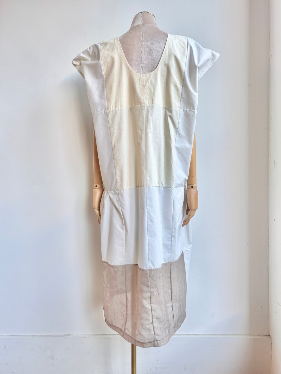 White, Cream, and Sheer Taupe Gridded Caftan (Reworked) - Made X Hudson