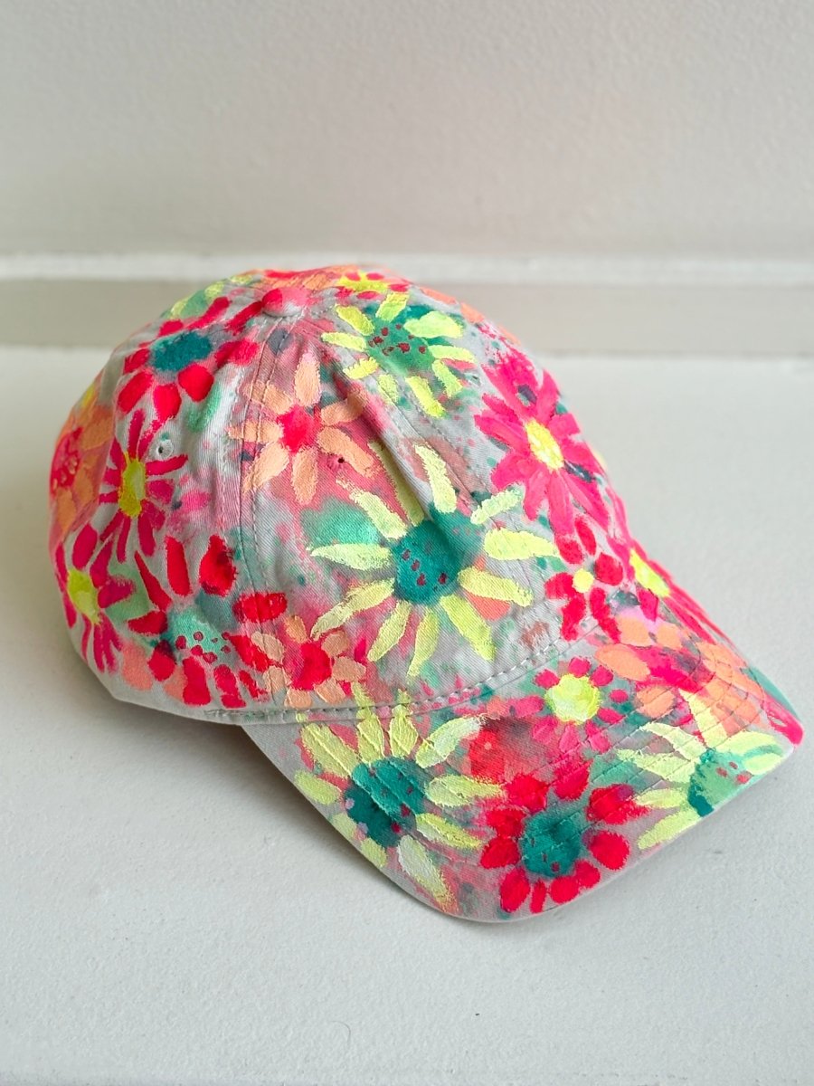 Natural Canvas Hand Painted Neon Pink & Yellow Flowers Baseball Cap - Made X Hudson