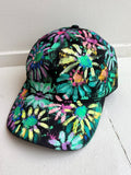"Ivy" Black Baseball Cap w/ Lime Neon Flowers | Hand Painted - Made X Hudson
